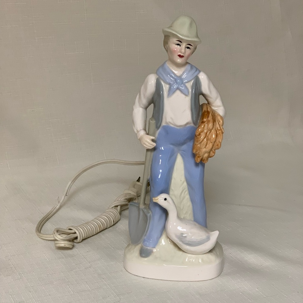 Vintage Japan Porcelain Underwriter Laboratories Portable Lamp Figurine Man Duck